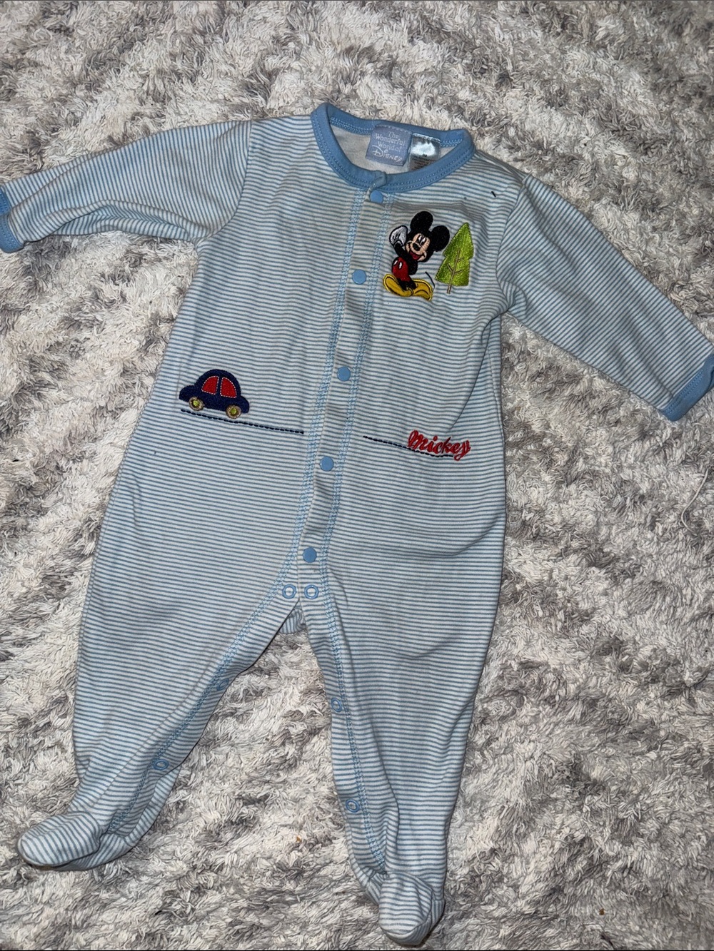 9m Vintage Disney Baby Blue Striped Mickey Mouse Footed embroidered onsie